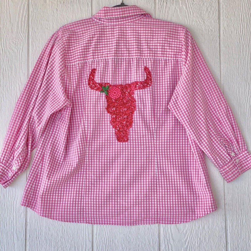 Coral Bay Button Up Shirt L Pink‎ Floral Bull Skull Embroidered Western Cowgirl